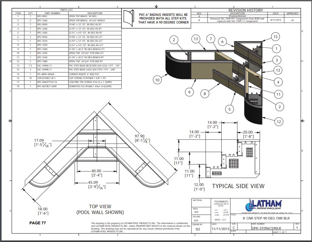 8' Corner Step Polymer 90 Deg. 3-Tread 6" Radius w/ Double Bench